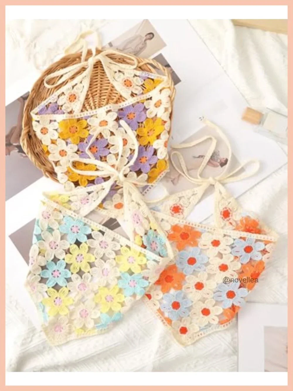 Crochet Head Scarf Bandanas Knit Headband Scarf Tie-Back Floral Headscarf